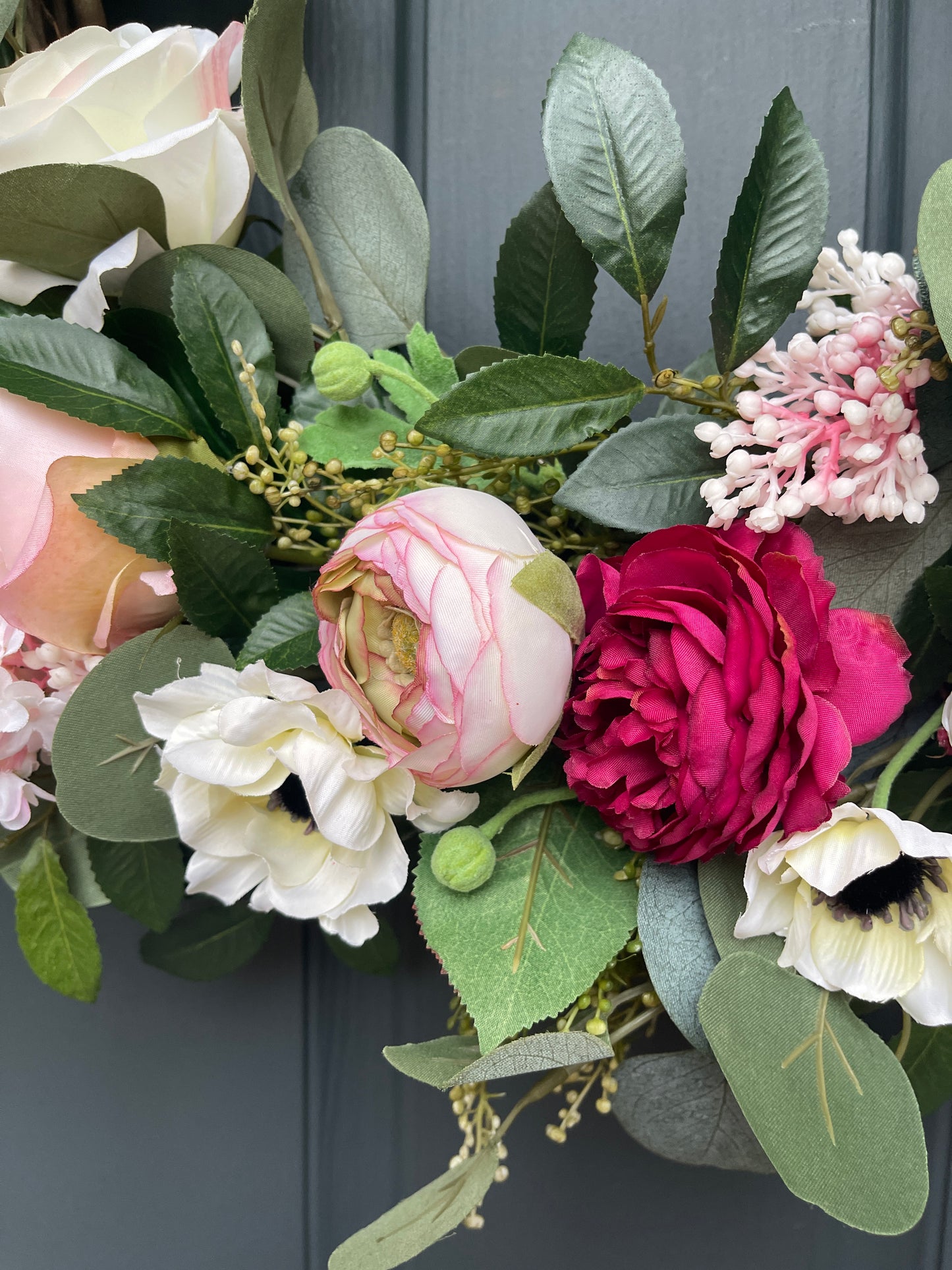 Pink Peony Wreath with Cream Roses & Eucalyptus
