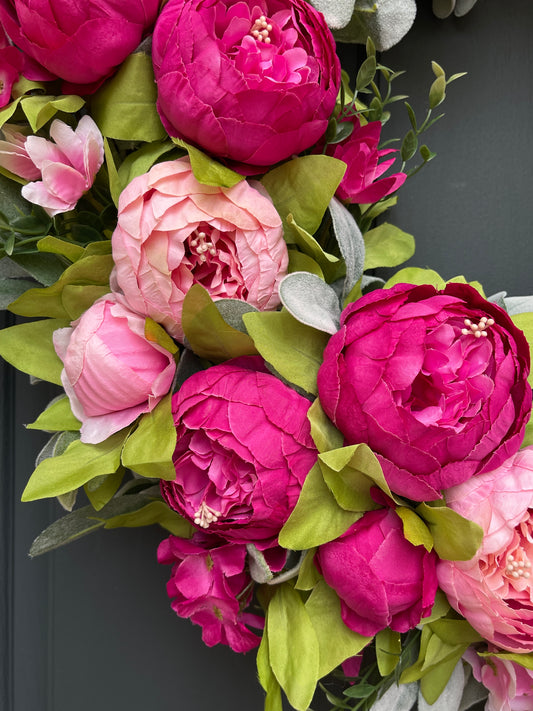 Spring + Summer Pink Peony & Lambs Ear Wreath