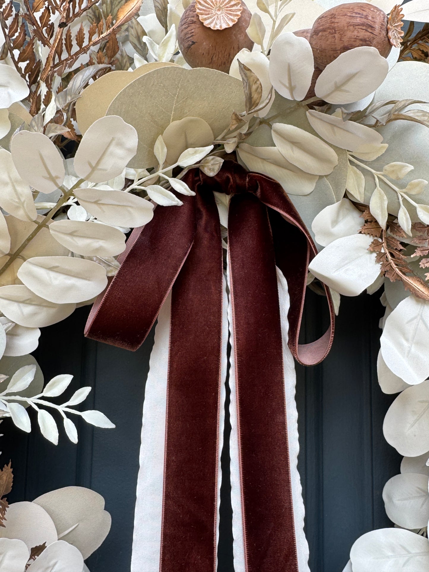 Neutral Fall Eucalyptus Wreath with Beige Leaves & Brown Velvet Ribbon