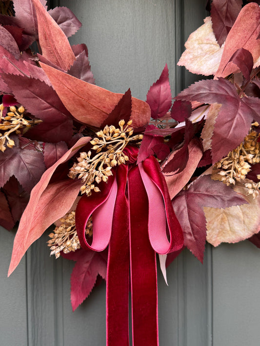 Burgundy Cimicifuga & Cream Fall Wreath with Berries & Velvet Bow
