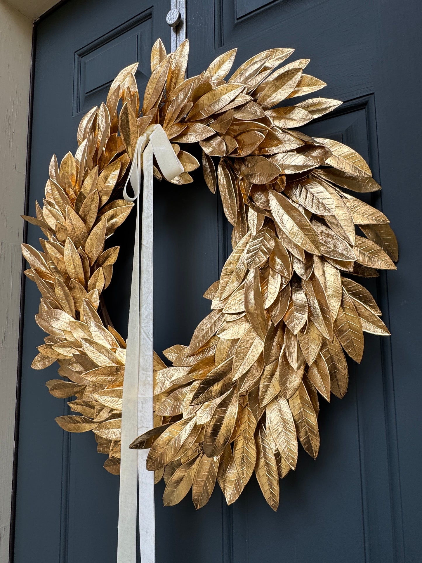 Gold Bay Leaf Christmas Wreath with Blue Velvet Bow
