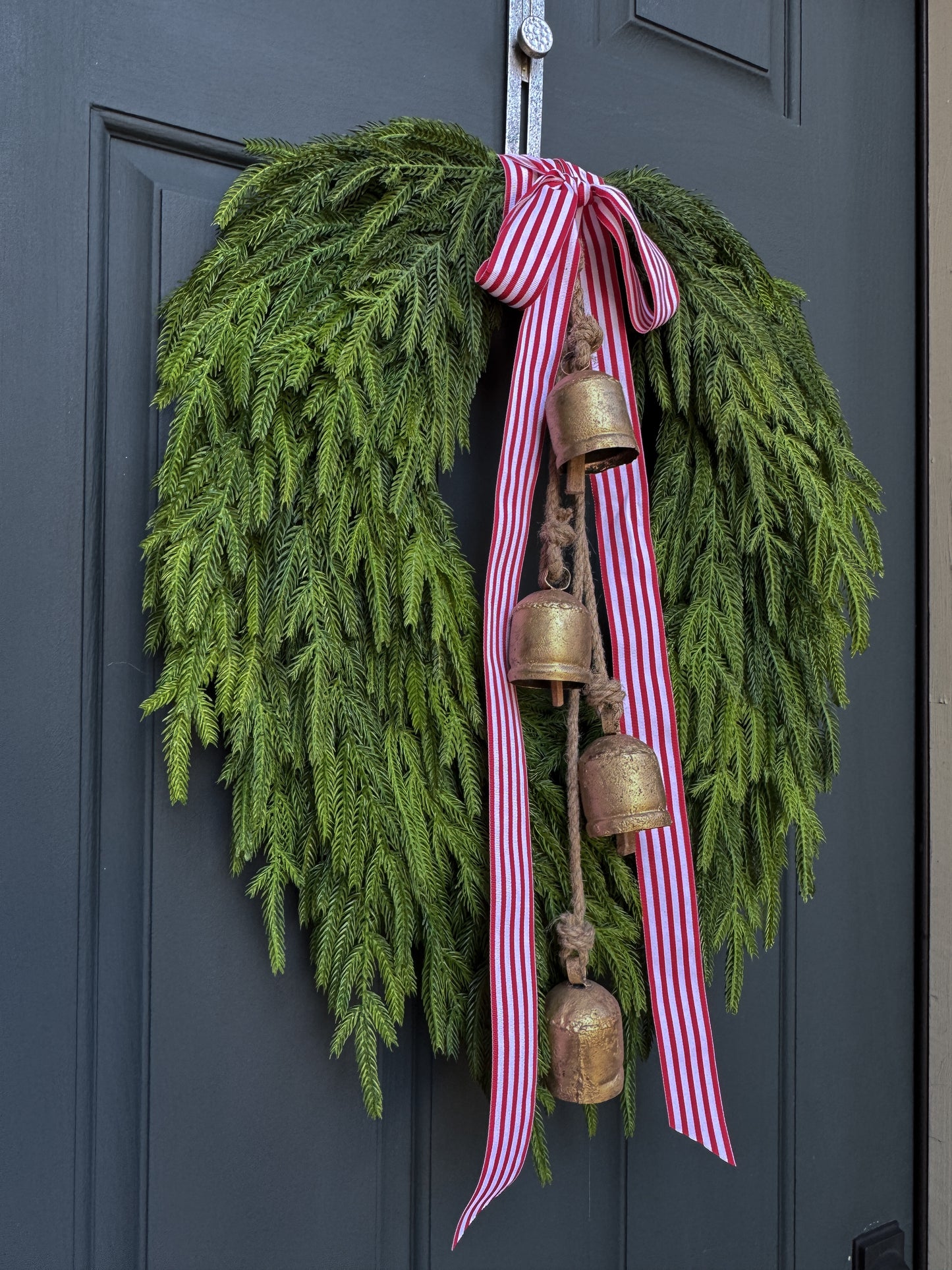 Faux Norfolk Pine Wreath with Bells & Navy Blue Velvet Bow