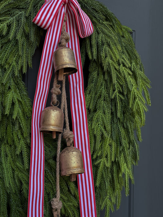 Faux Norfolk Pine Wreath with Bells and Red & White Striped Bow