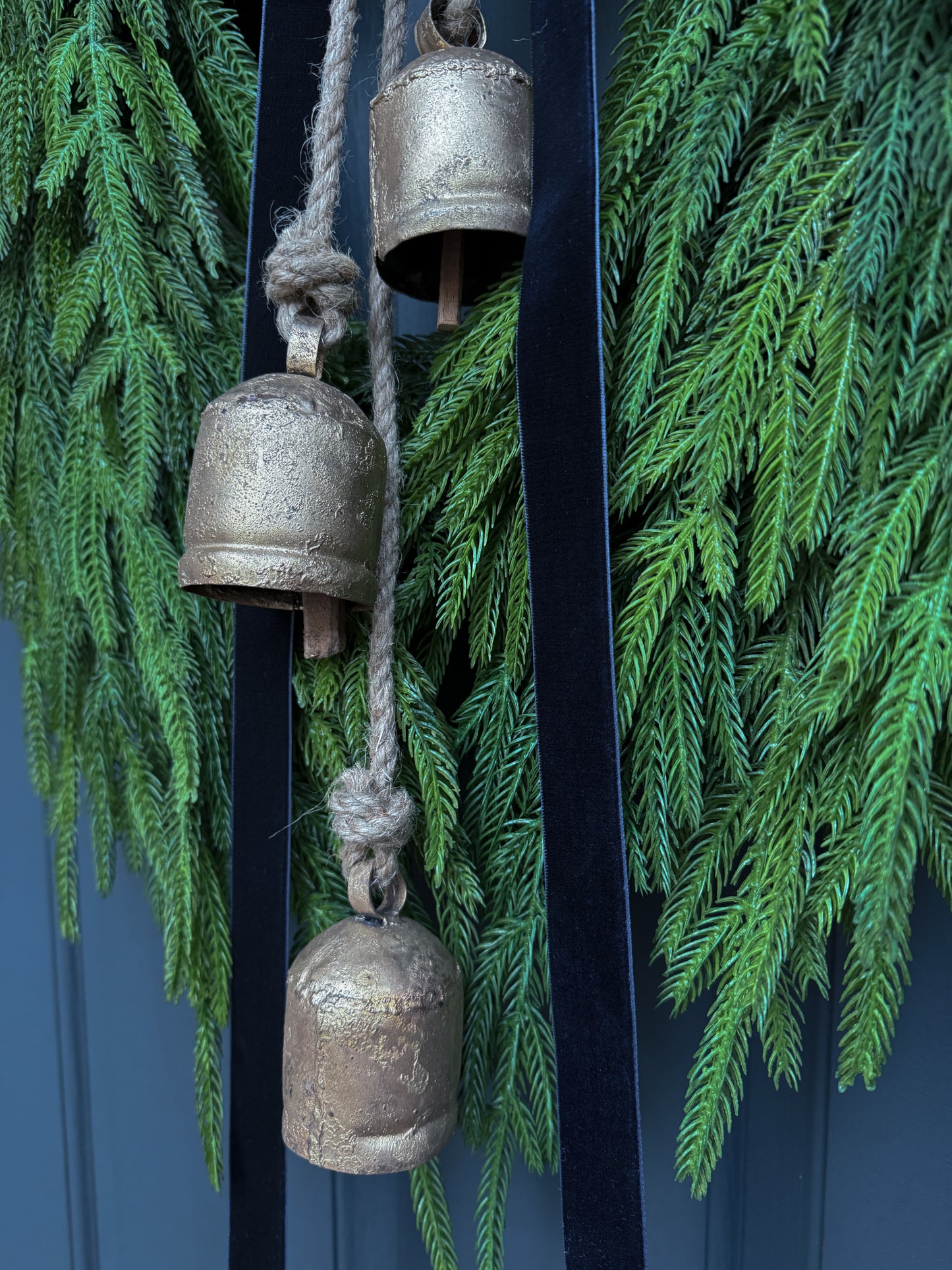 Faux Norfolk Pine Wreath with Bells & Blue Velvet Bow