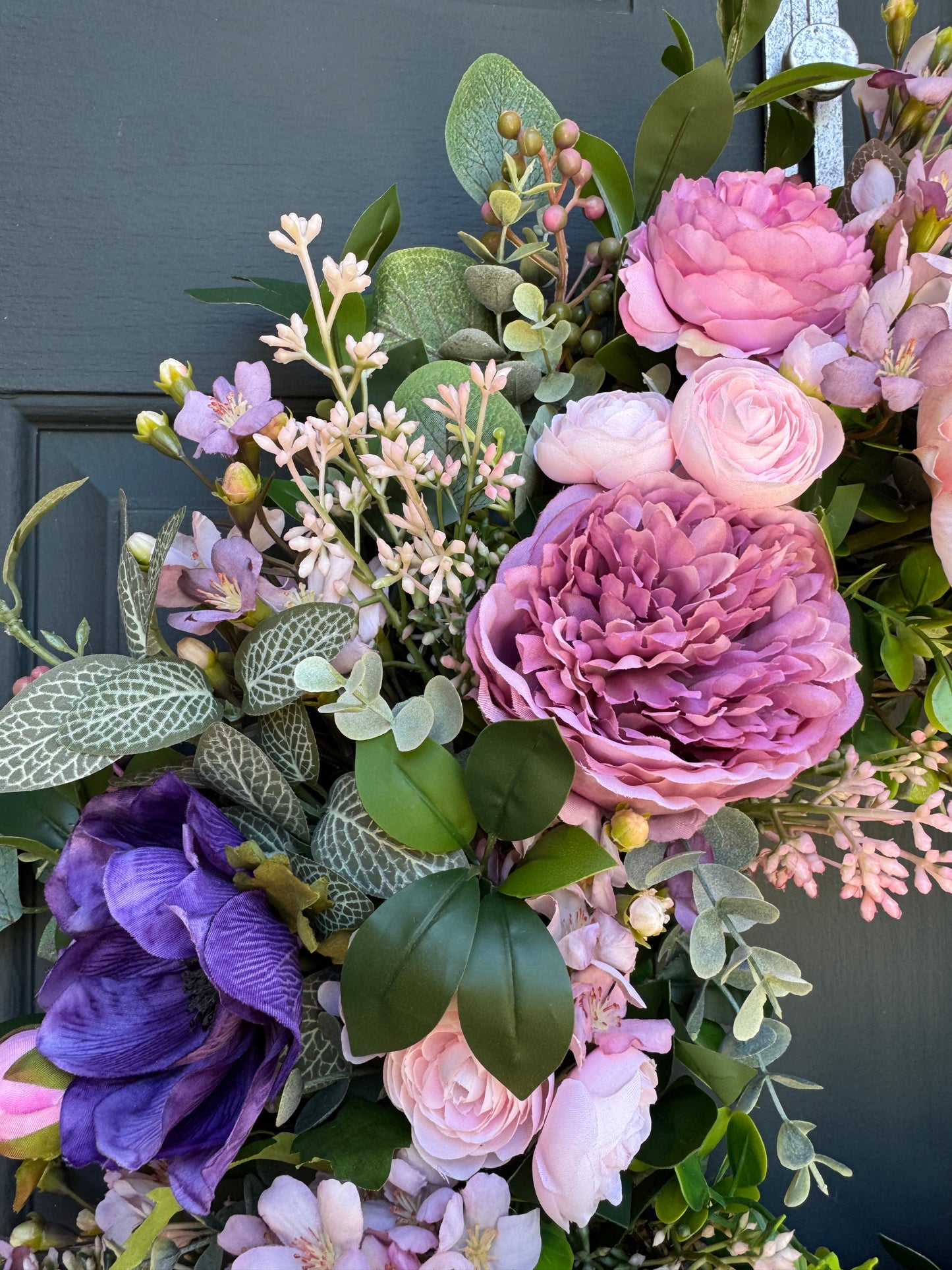 Pink and Purple Spring Summer Wreath with Ranunculus, Anemone, and Layered Greenery
