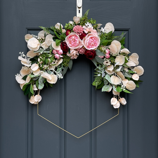 Modern Spring Hexagon Wreath | Pink Rose and Peony Front Door Decor | Easter Door Hanger