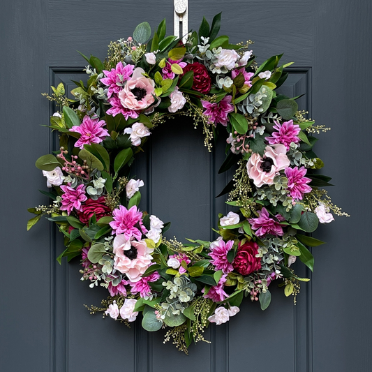 Vibrant Pink Spring Wreath | Anemone, Ranunculus, and Dahlia Front Door Hanger