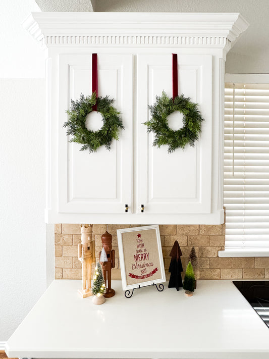 Mini Cedar Christmas Wreath Set with Burgundy Velvet Ribbon