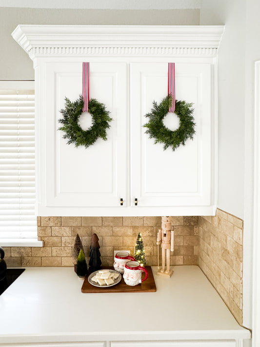 Mini Cedar Christmas Wreath Set with Red & White Striped Ribbon