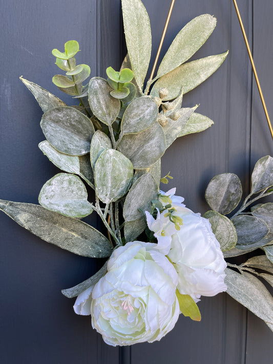 White Peony Eucalyptus Teardrop Wreath
