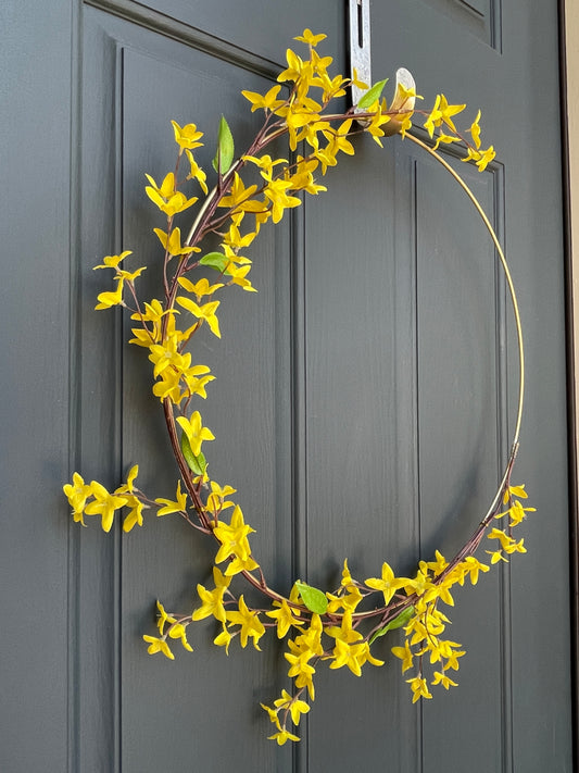 Modern Yellow Forsythia Hoop Wreath