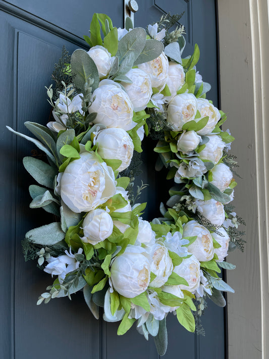 White Peony & Lambs Ear Wreath
