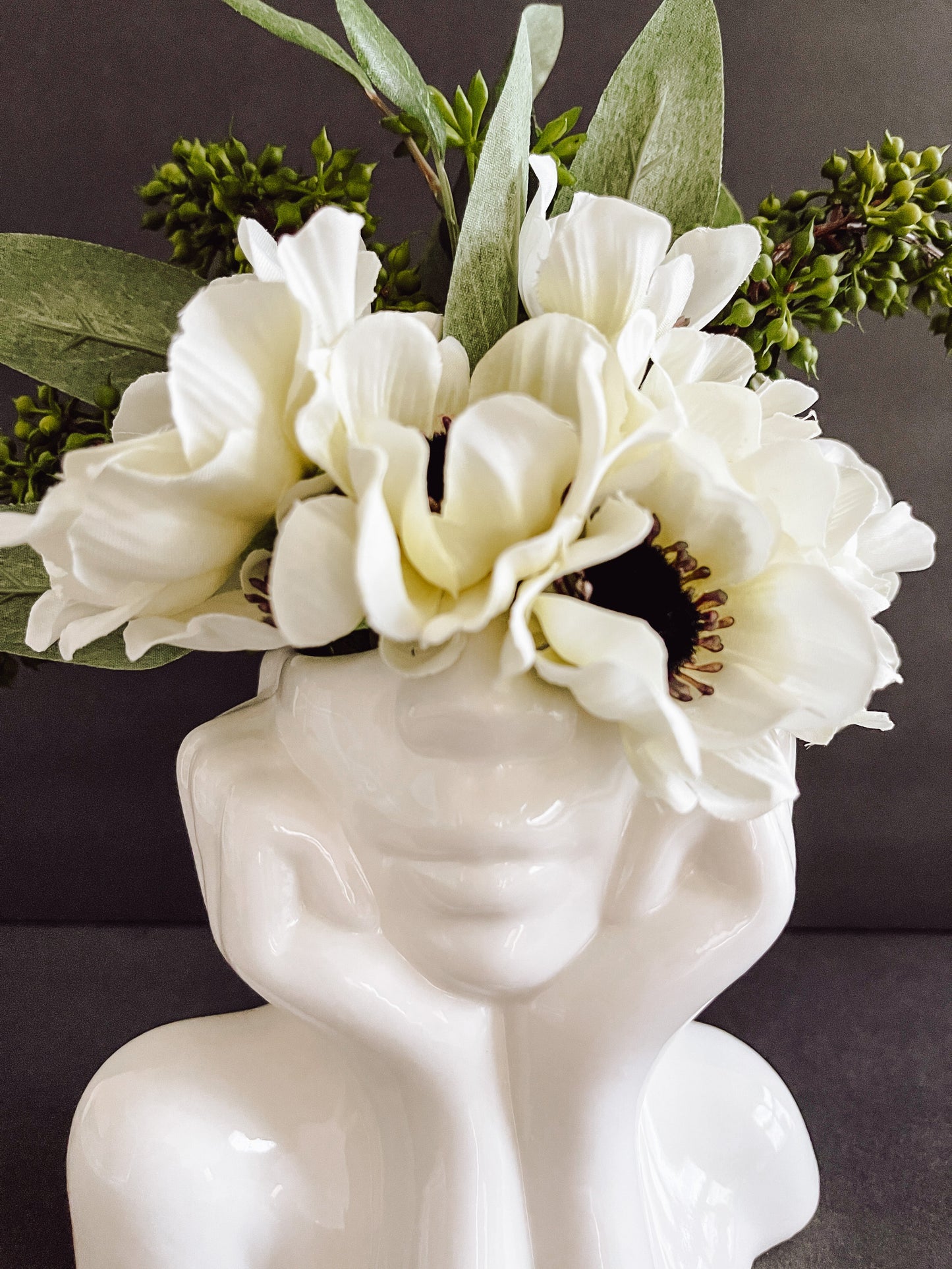 Lady Head Vase Arrangement with Artificial Anemones & Eucalyptus