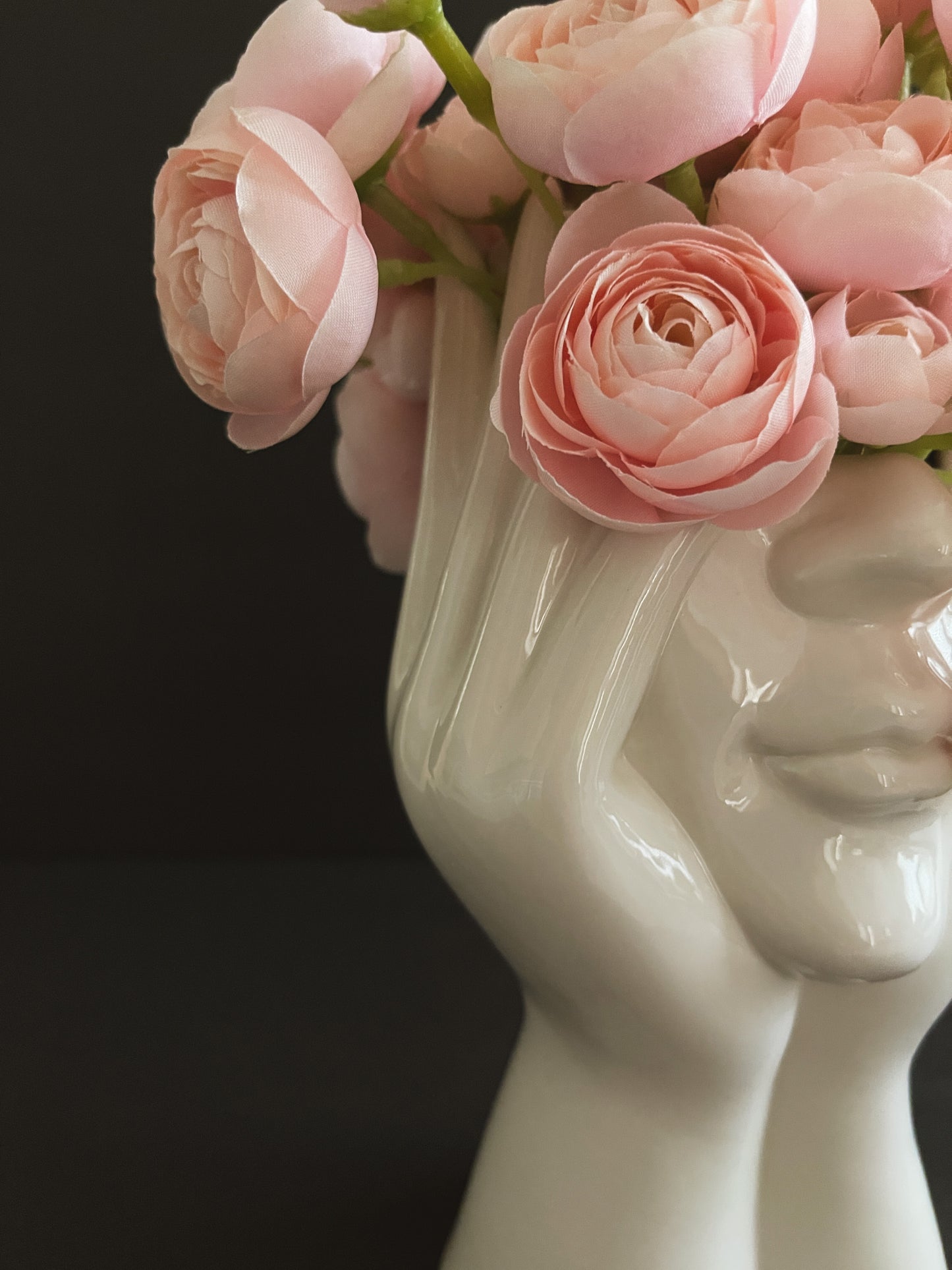 Lady Head Vase Arrangement with Artificial Pink Ranunculus