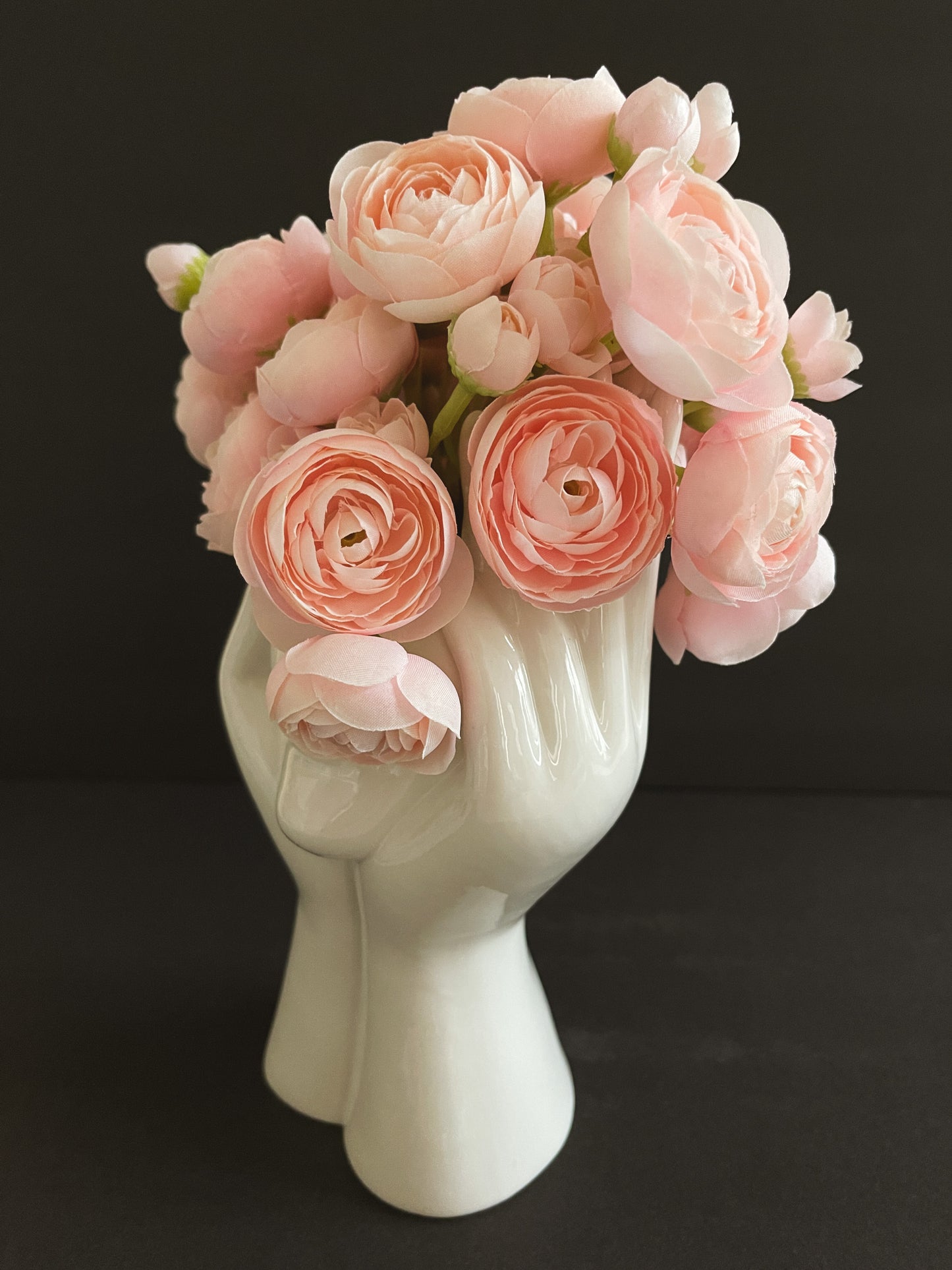 Lady Head Vase Arrangement with Artificial Pink Ranunculus