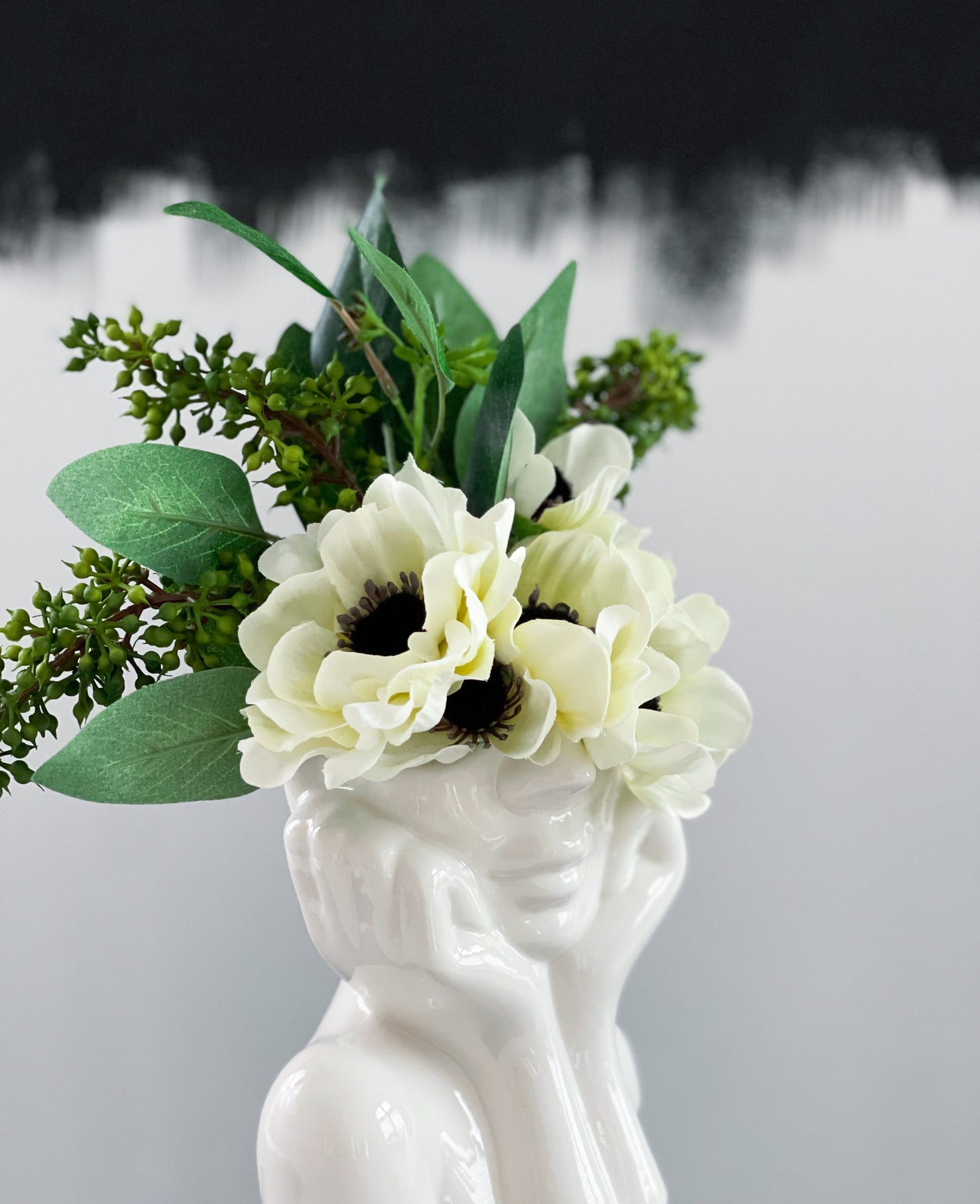 Lady Head Vase Arrangement with Artificial Anemones & Eucalyptus