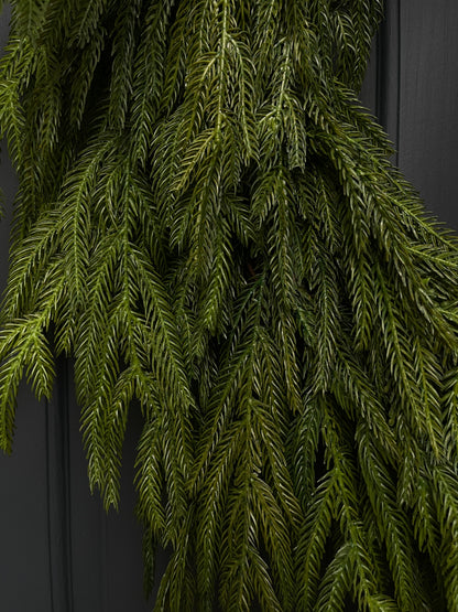 Faux Norfolk Pine Wreath with Red Velvet Bow