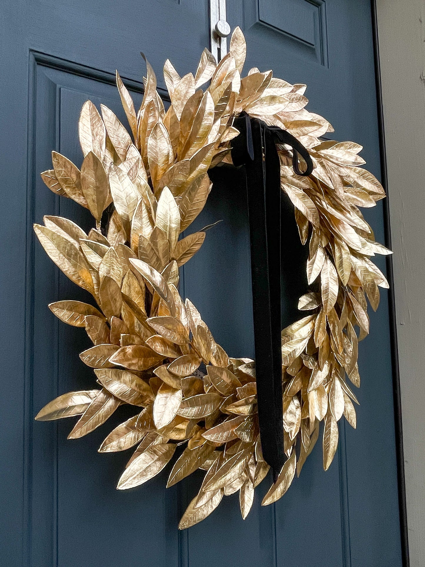 Gold Bay Leaf Christmas Wreath with Black Velvet Bow