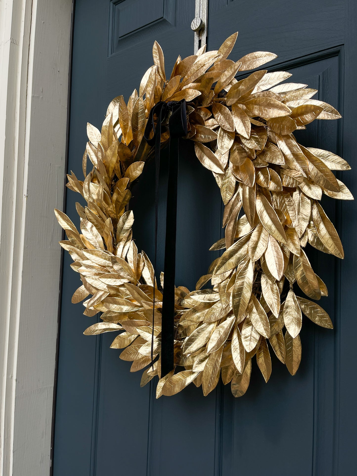 Gold Bay Leaf Christmas Wreath with Black Velvet Bow