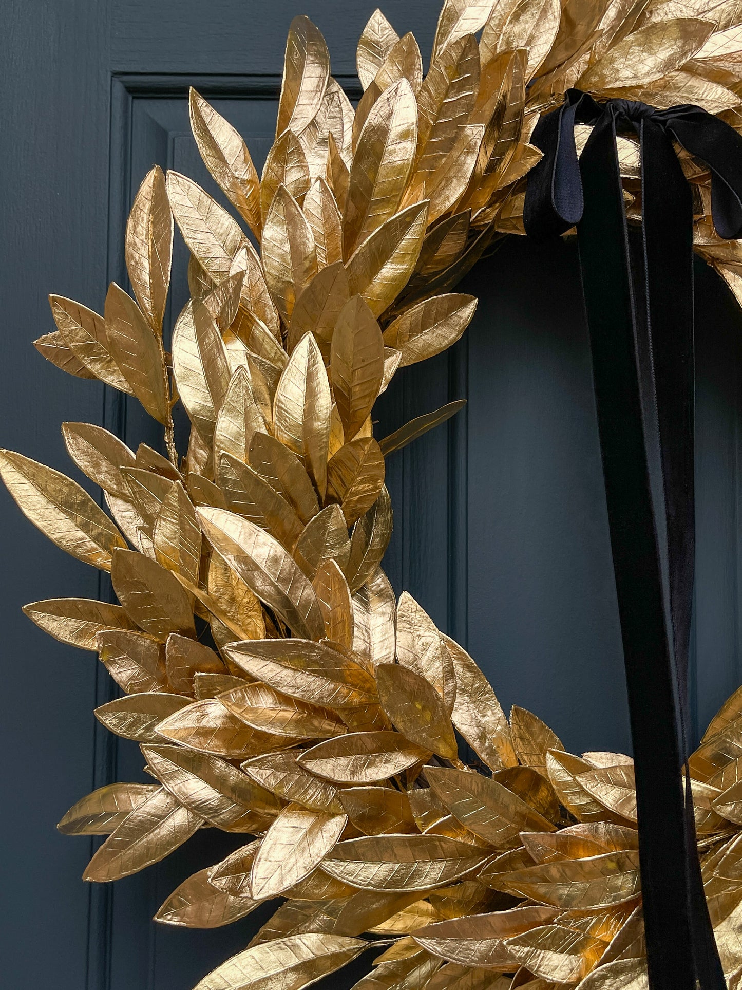 Gold Bay Leaf Christmas Wreath with Black Velvet Bow