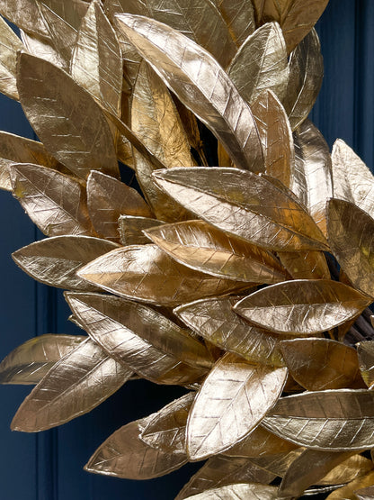 Gold Bay Leaf Christmas Wreath with Ivory Velvet Bow