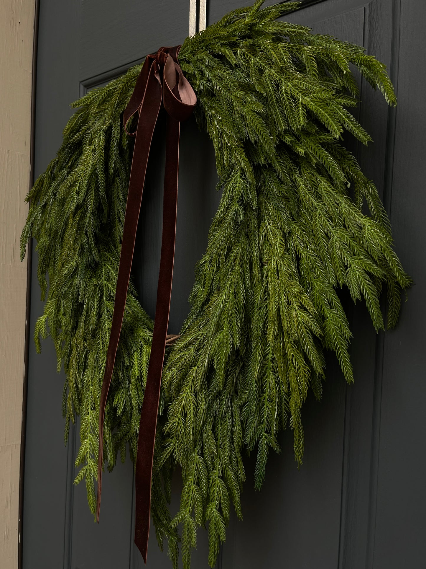 Faux Norfolk Pine Wreath with Dark Brown Velvet Bow