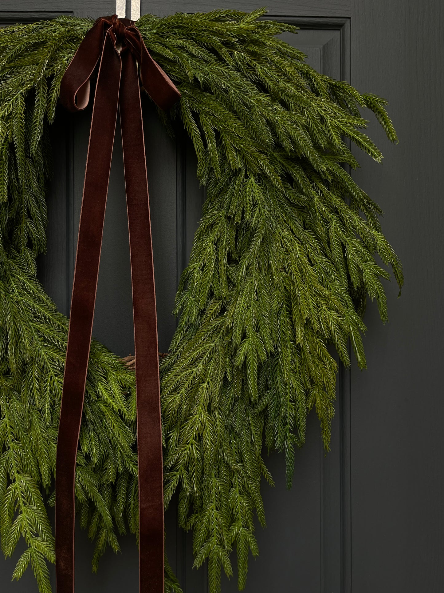 Faux Norfolk Pine Wreath with Dark Brown Velvet Bow