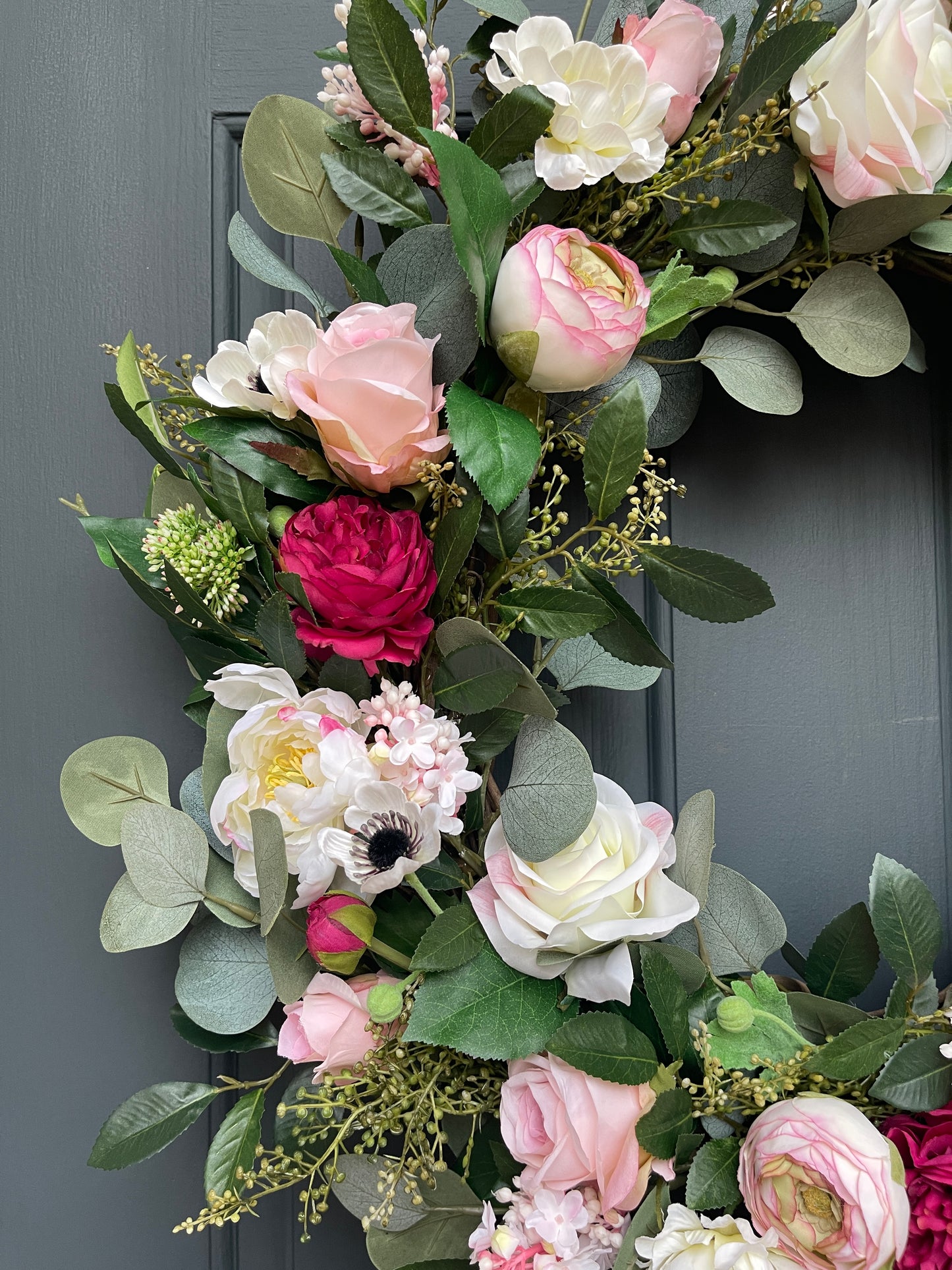 Spring Pink Peony Wreath | Cream Rose & Eucalyptus Easter Door Hanger
