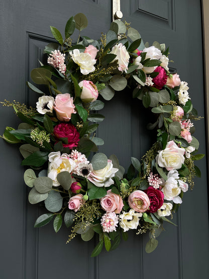 Pink Peony Wreath with Cream Roses & Eucalyptus