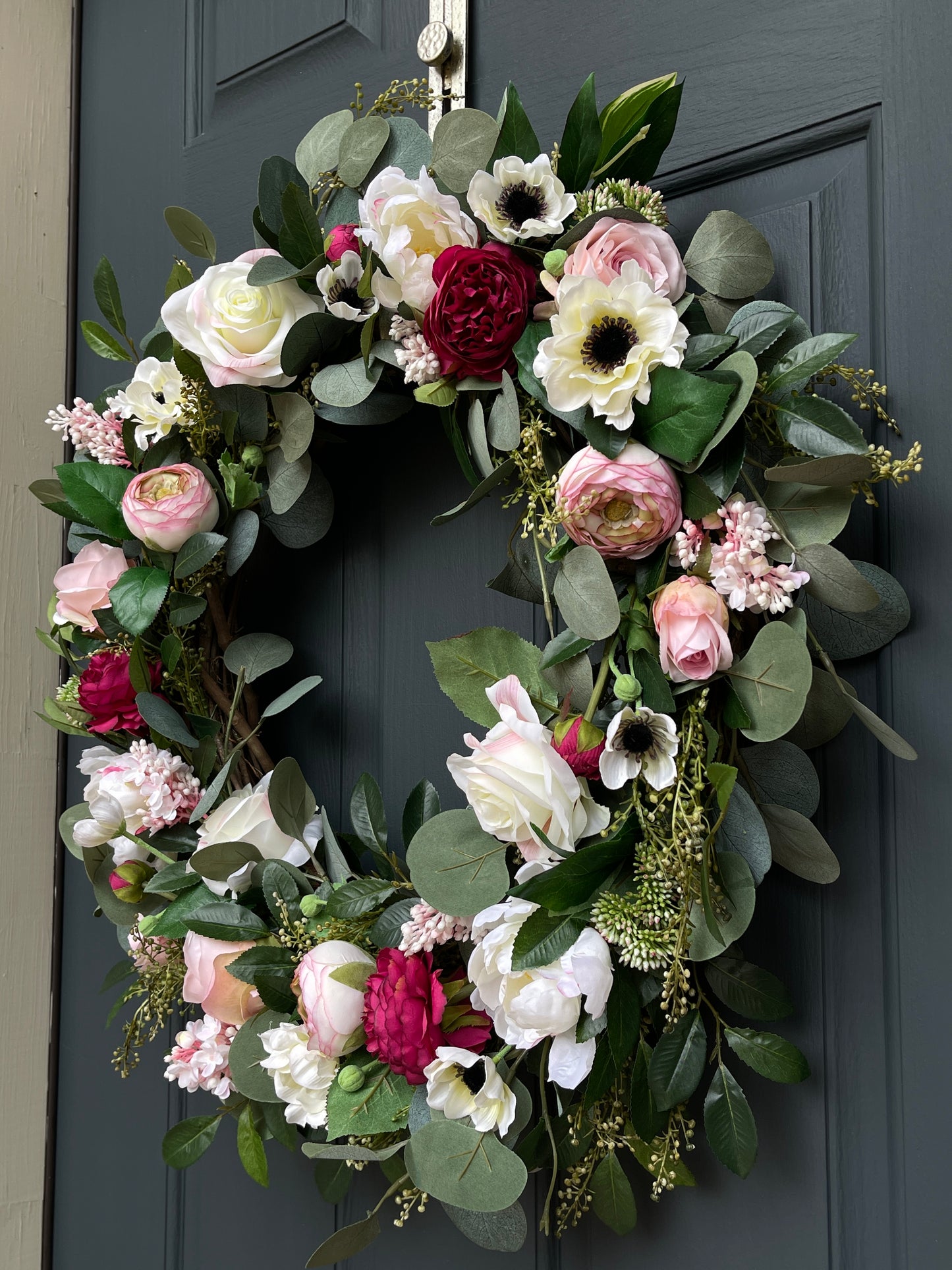 Spring Pink Peony Wreath | Cream Rose & Eucalyptus Easter Door Hanger