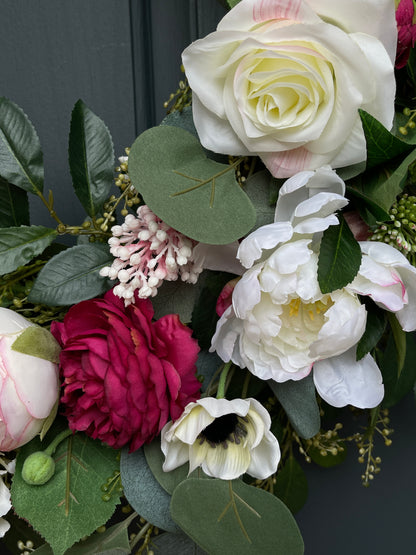 Pink Peony Wreath with Cream Roses & Eucalyptus