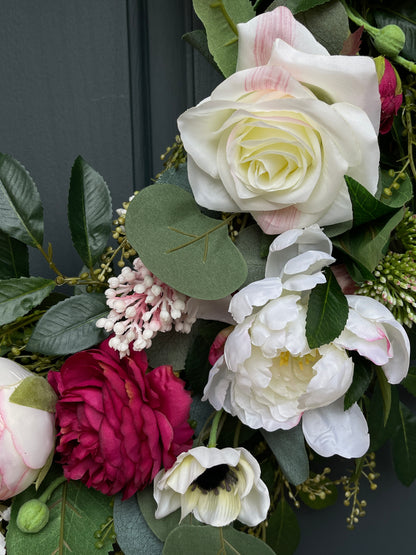 Pink Peony Wreath with Cream Roses & Eucalyptus