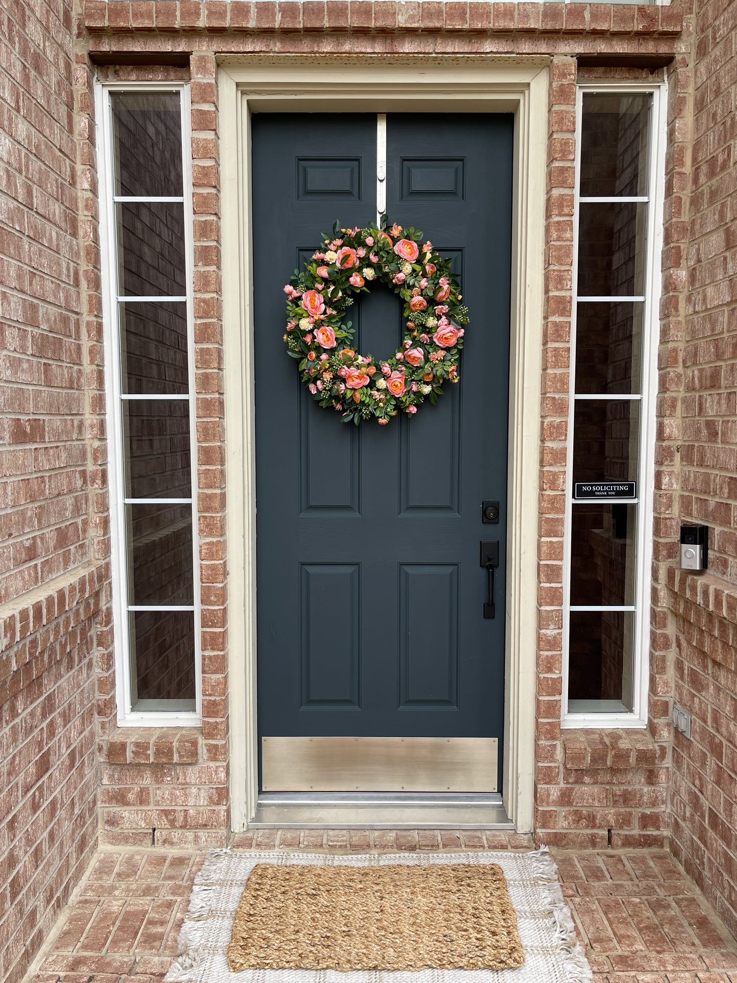 Peach Ranunculus, Mini Rose & Pale Yellow Pom-Pom Spring Wreath