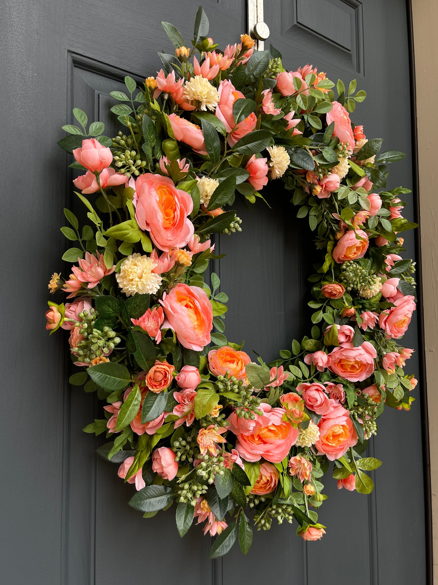 Peach Ranunculus, Mini Rose & Pale Yellow Pom-Pom Spring Wreath