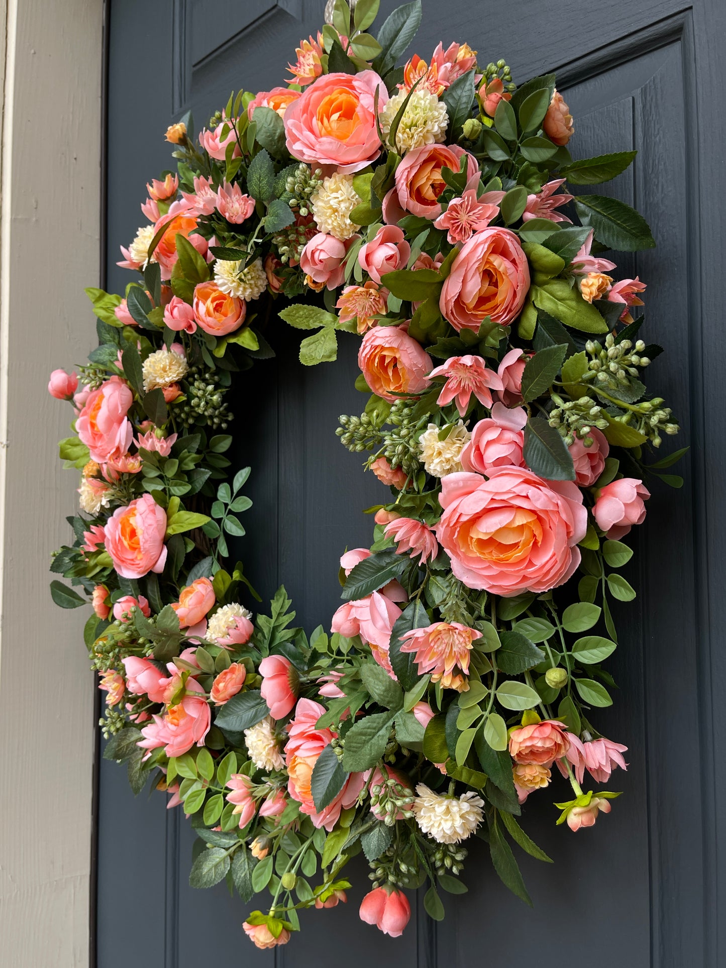 Peach Ranunculus, Mini Rose & Pale Yellow Pom-Pom Spring Wreath