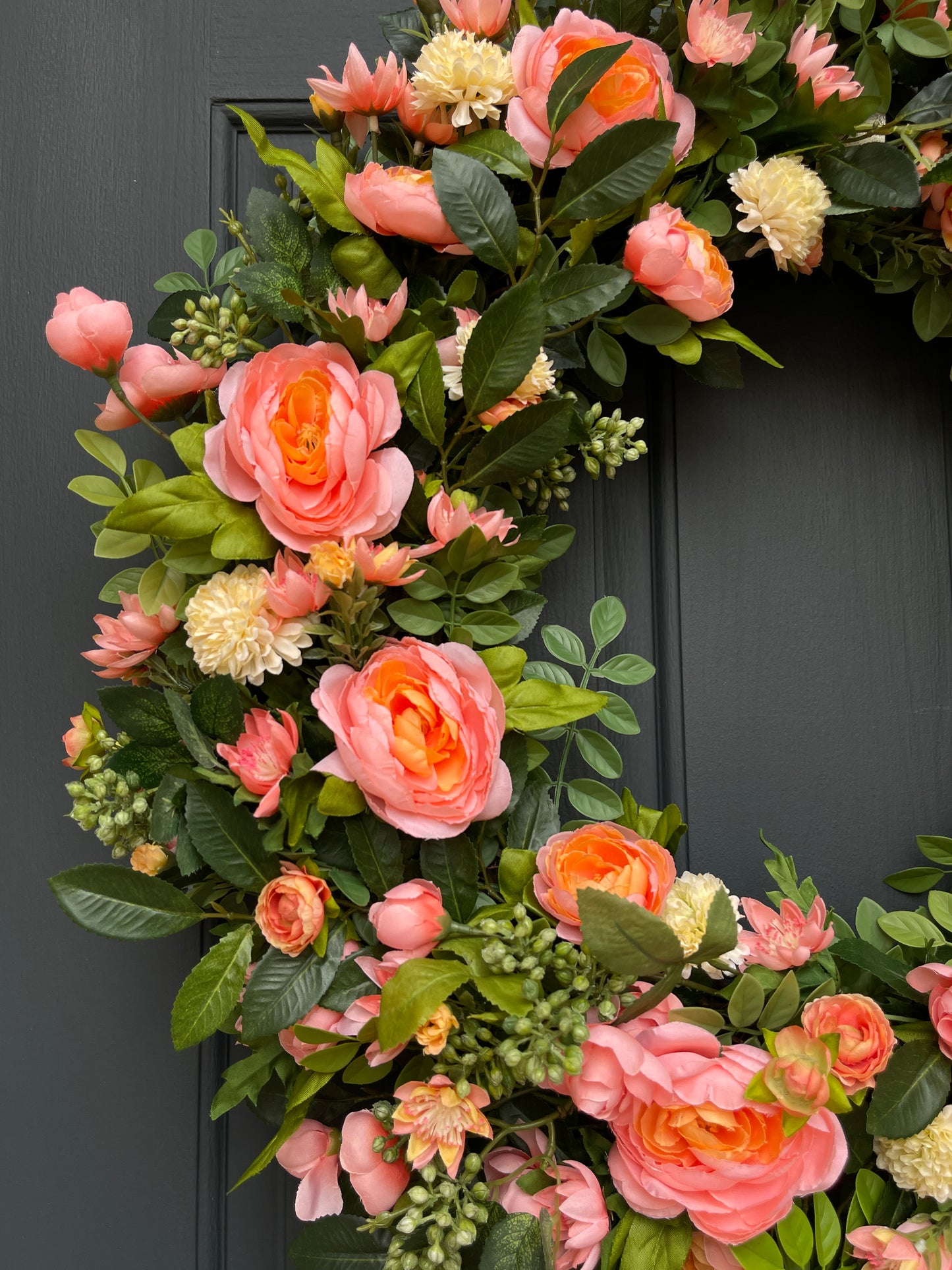 Peach Ranunculus, Mini Rose & Pale Yellow Pom-Pom Spring Wreath