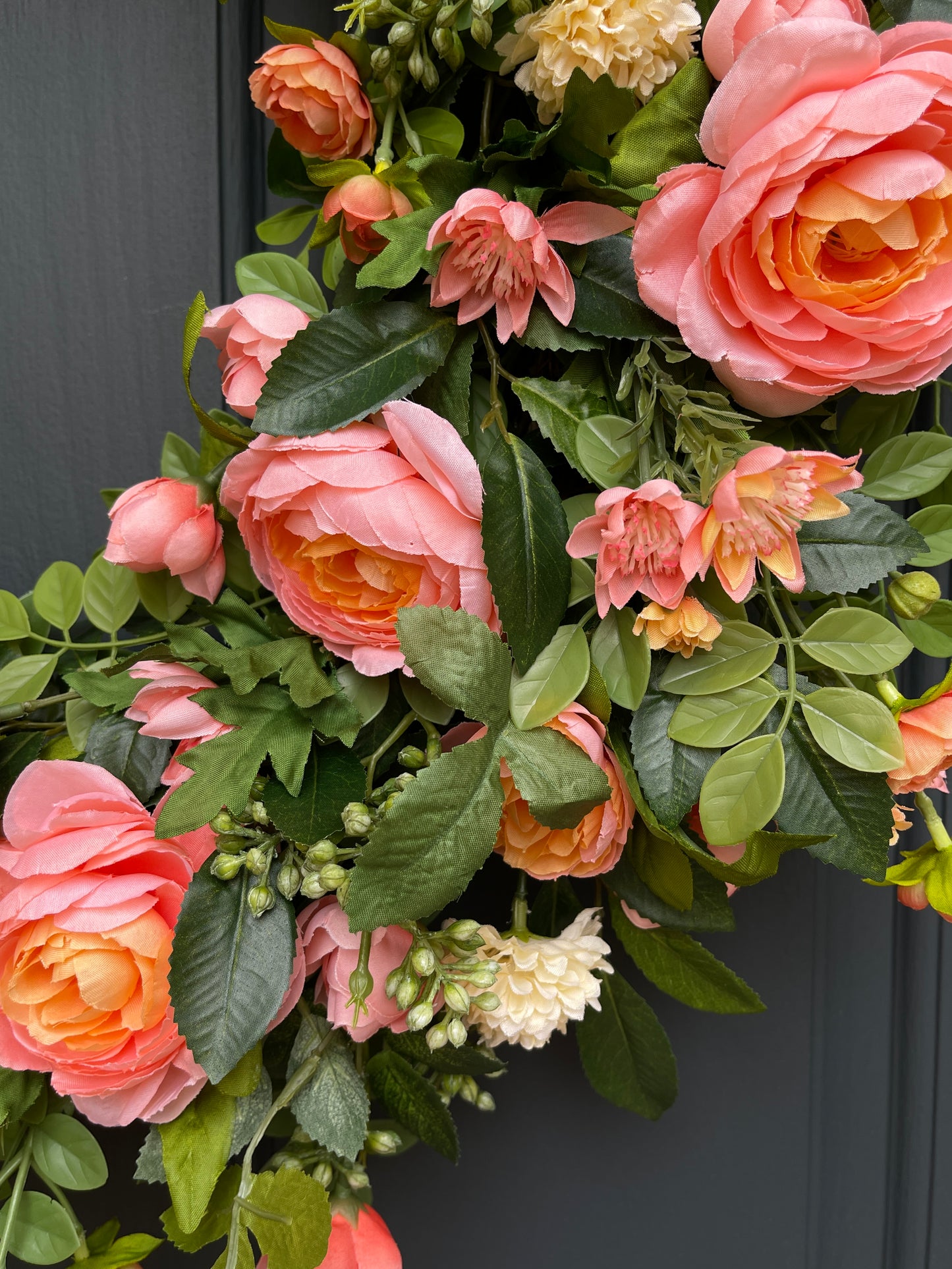 Peach Ranunculus, Mini Rose & Pale Yellow Pom-Pom Spring Wreath