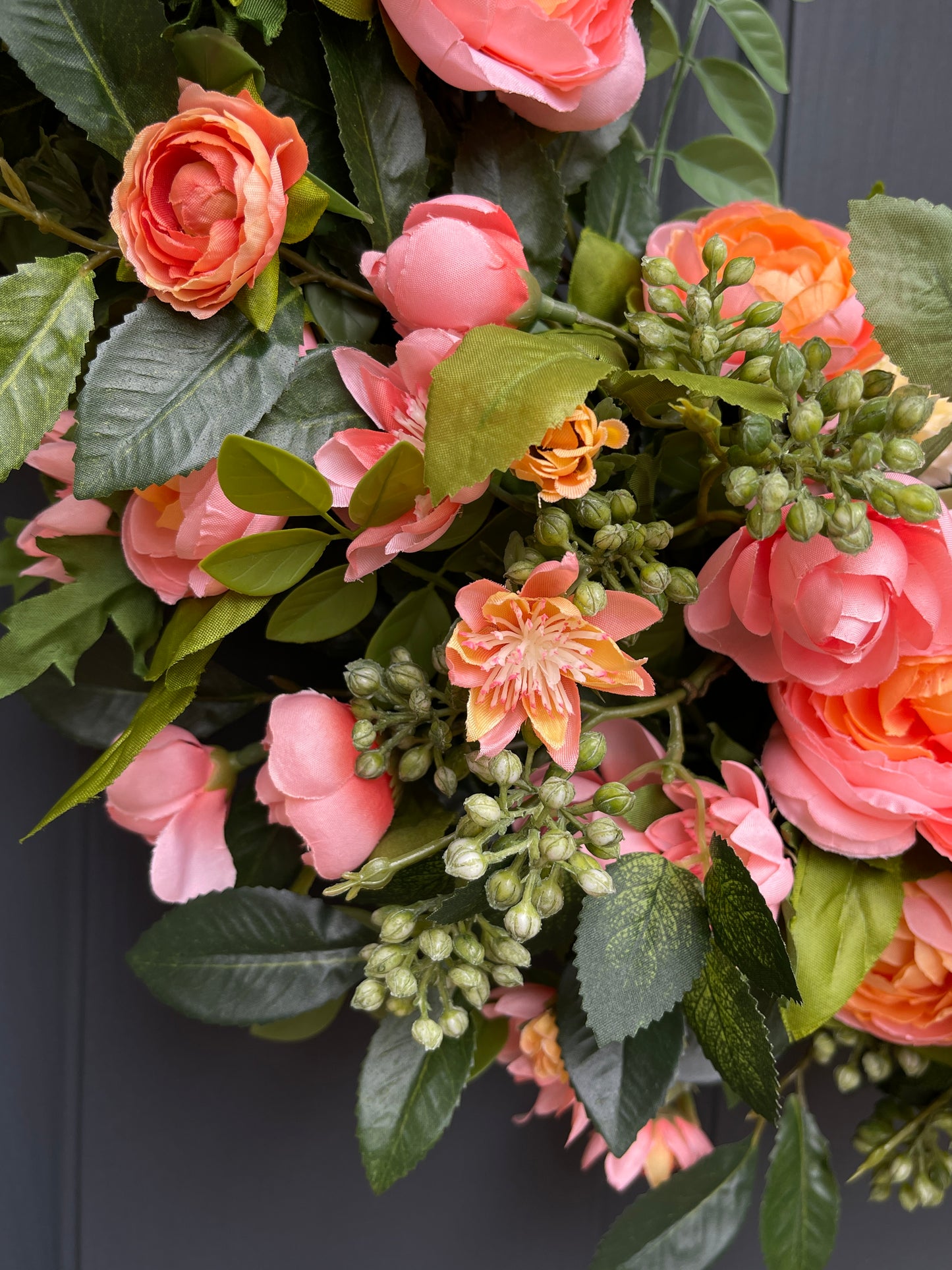 Peach Ranunculus, Mini Rose & Pale Yellow Pom-Pom Spring Wreath