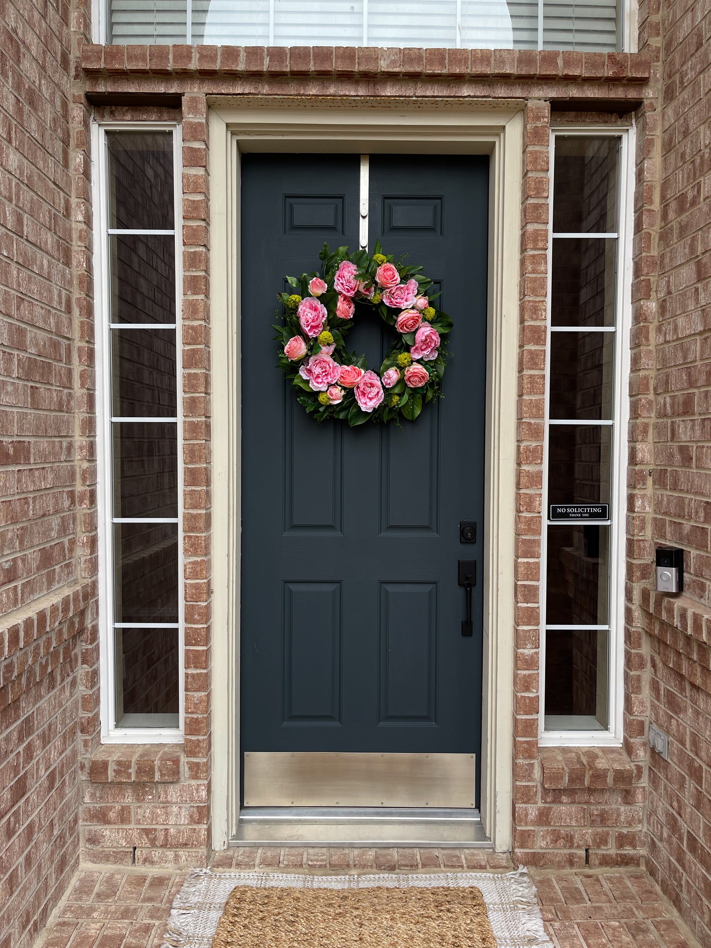 Pink & Green Rose, Peony, and Magnolia Leaf Front Door Spring Wreath