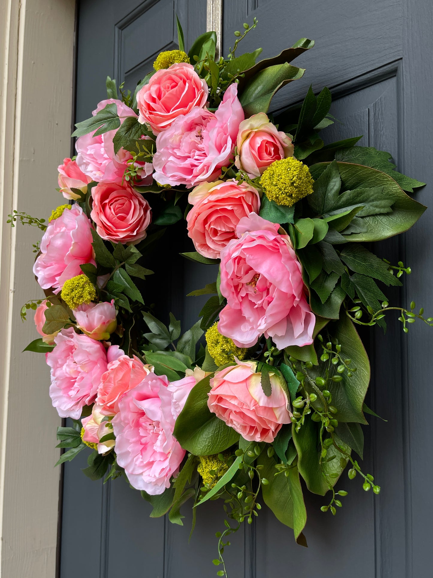 Pink & Green Rose, Peony, and Magnolia Leaf Front Door Spring Wreath