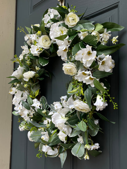 White and Green Dogwood Ranunculus Spring Wreath
