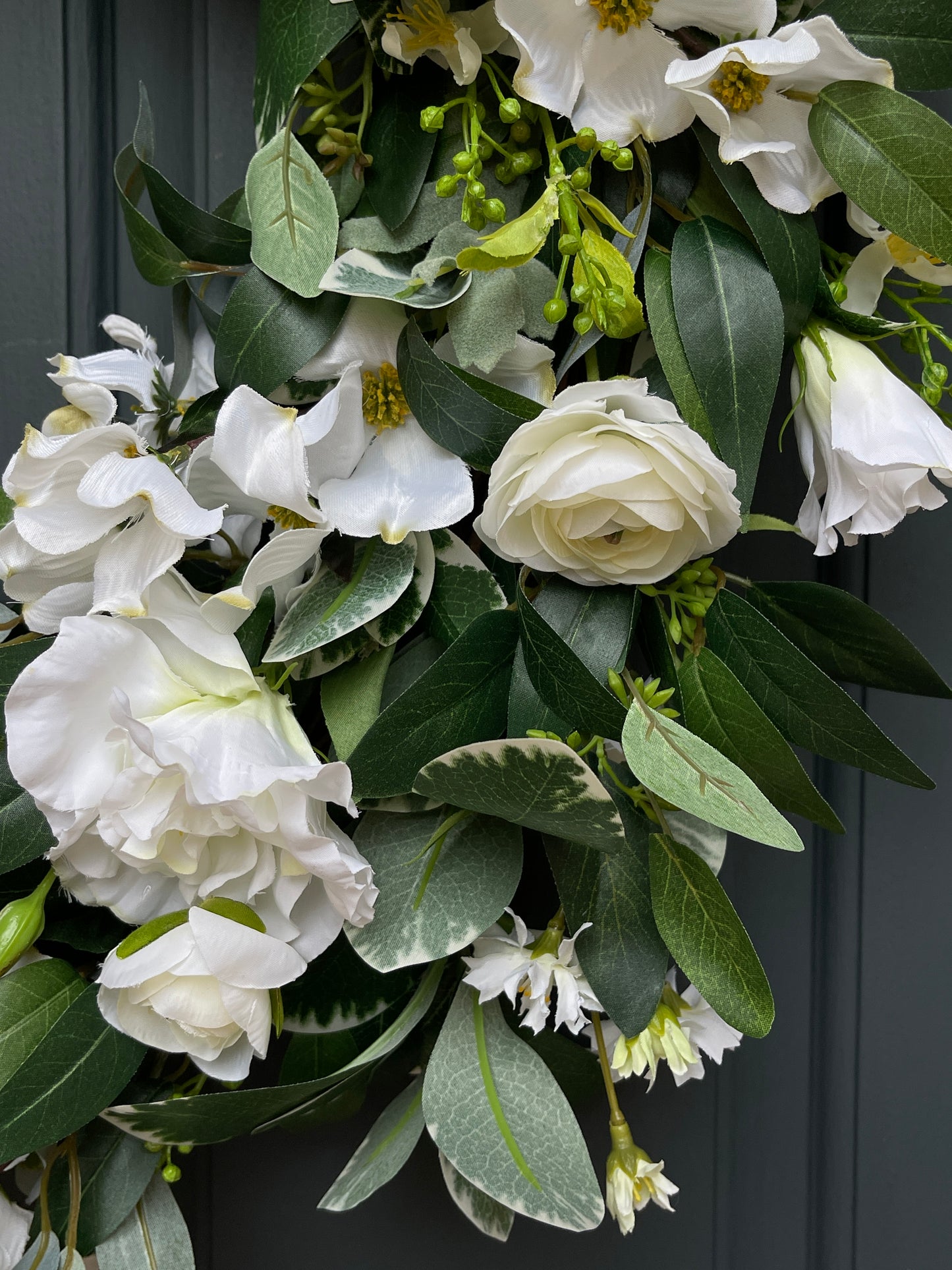 White & Green Dogwood, Ranunculus, and Eucalyptus Front Door Spring Wreath