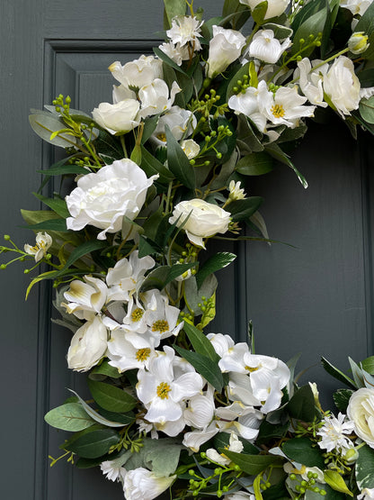White and Green Dogwood Ranunculus Spring Wreath