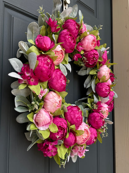 Spring + Summer Pink Peony & Lambs Ear Wreath