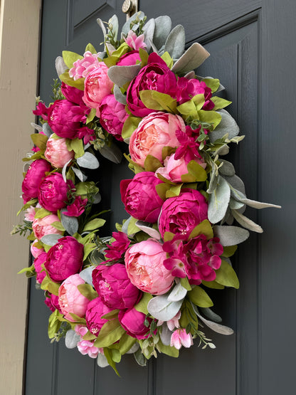 Spring + Summer Pink Peony & Lambs Ear Wreath