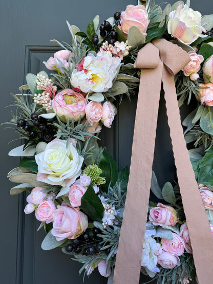 Pink Peony, Rose & Ranunculus Wreath