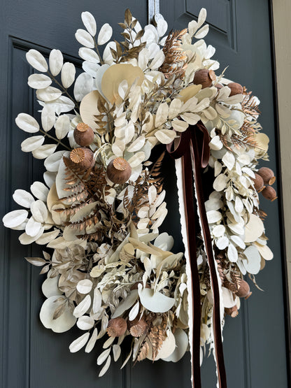 Neutral Fall Eucalyptus Wreath with Beige Leaves & Brown Velvet Ribbon
