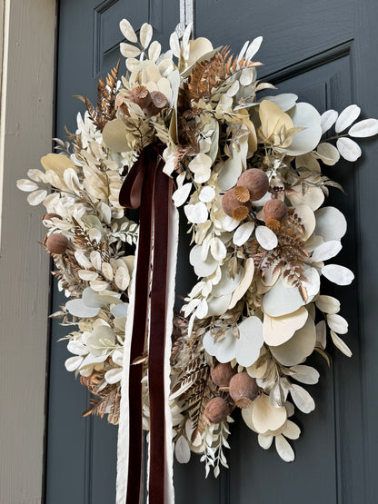 Neutral Fall Eucalyptus Wreath with Beige Leaves & Brown Velvet Ribbon