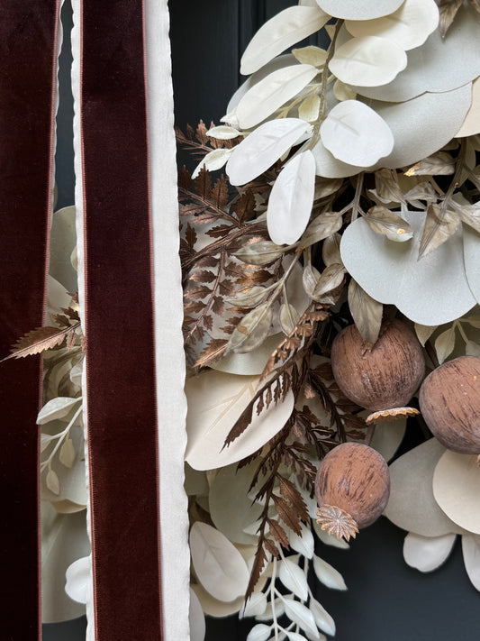 Neutral Fall Eucalyptus Wreath with Beige Leaves & Brown Velvet Ribbon