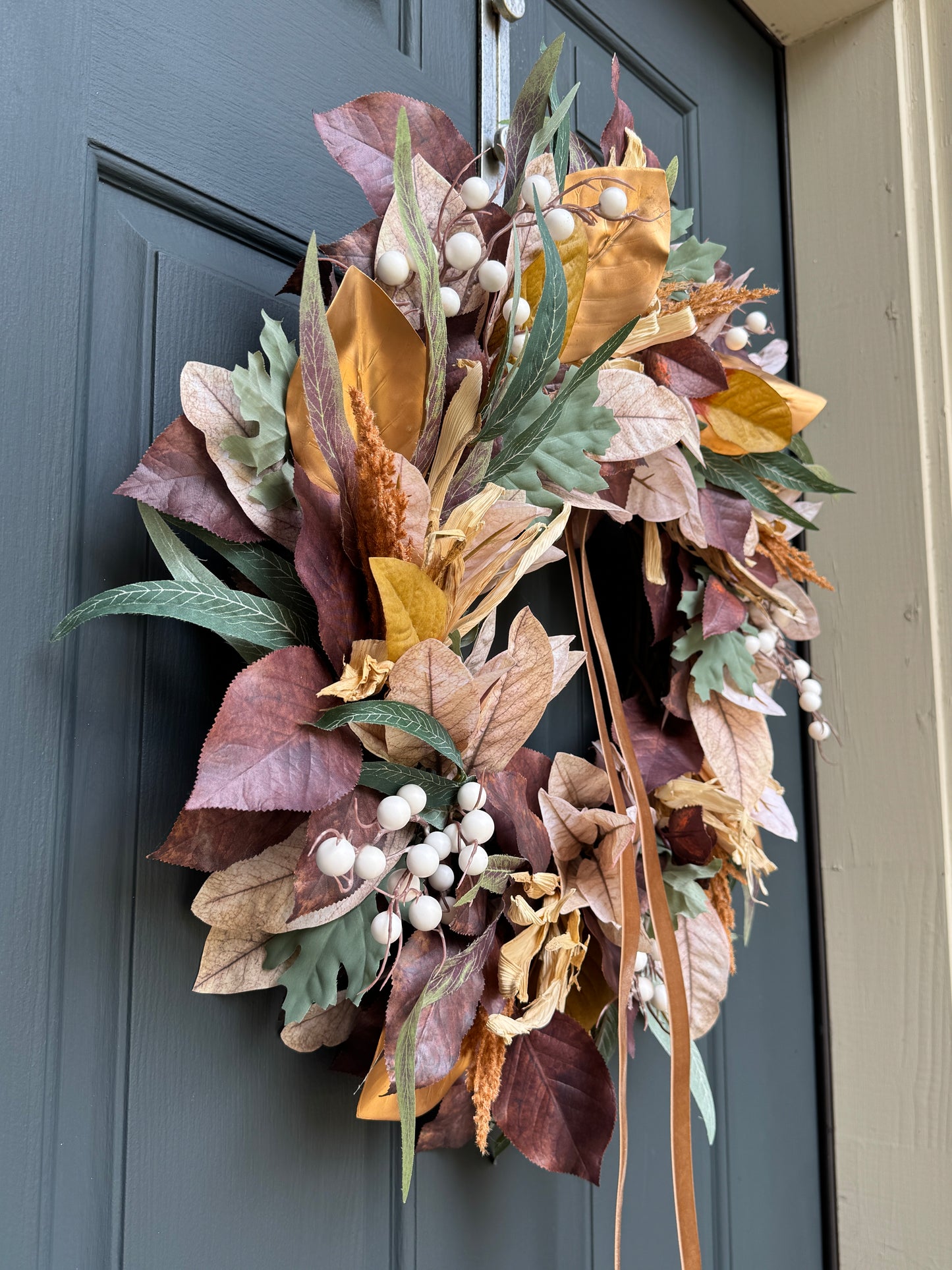 Neutral Fall Wreath with Berries & Gold Velvet Ribbon